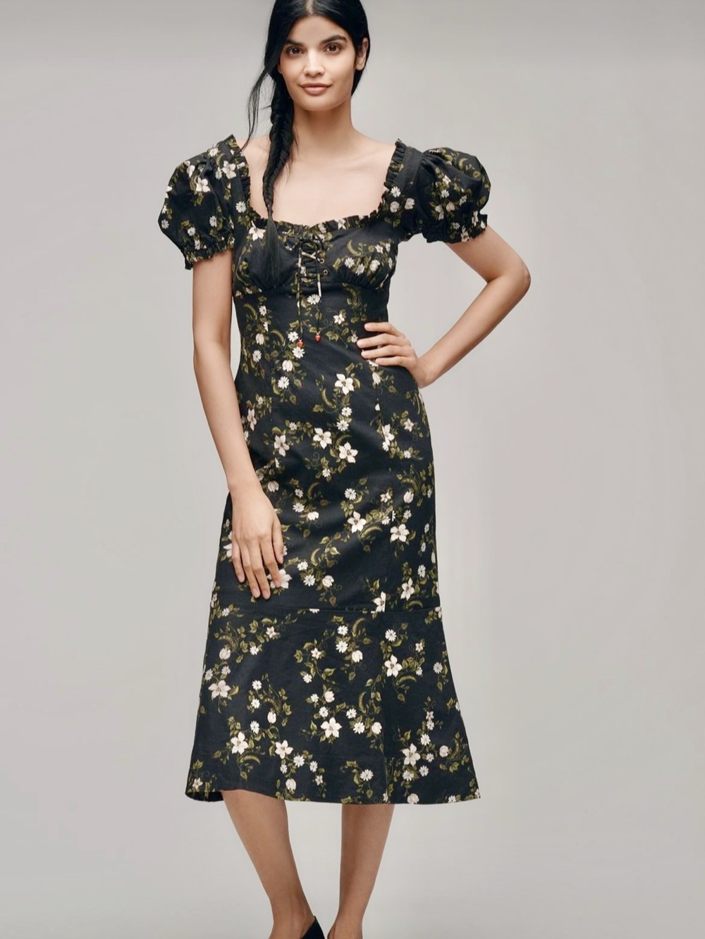 Maeve Black Floral Puff-Sleeve Midi Dress - NWT
